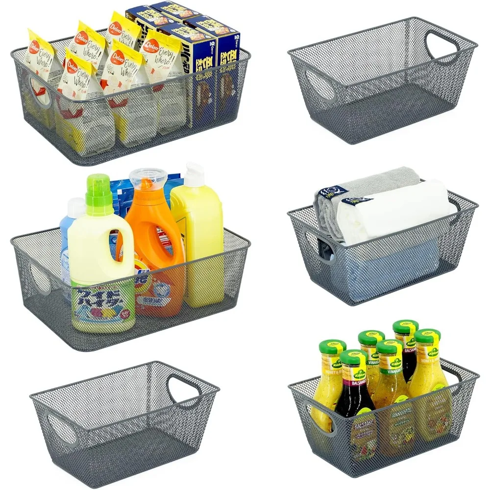 

Wire Storage Baskets - 6 Pack Metal Mesh Organizers for Kitchen, Laundry, Garage, Fridge & Bathroom - Gray