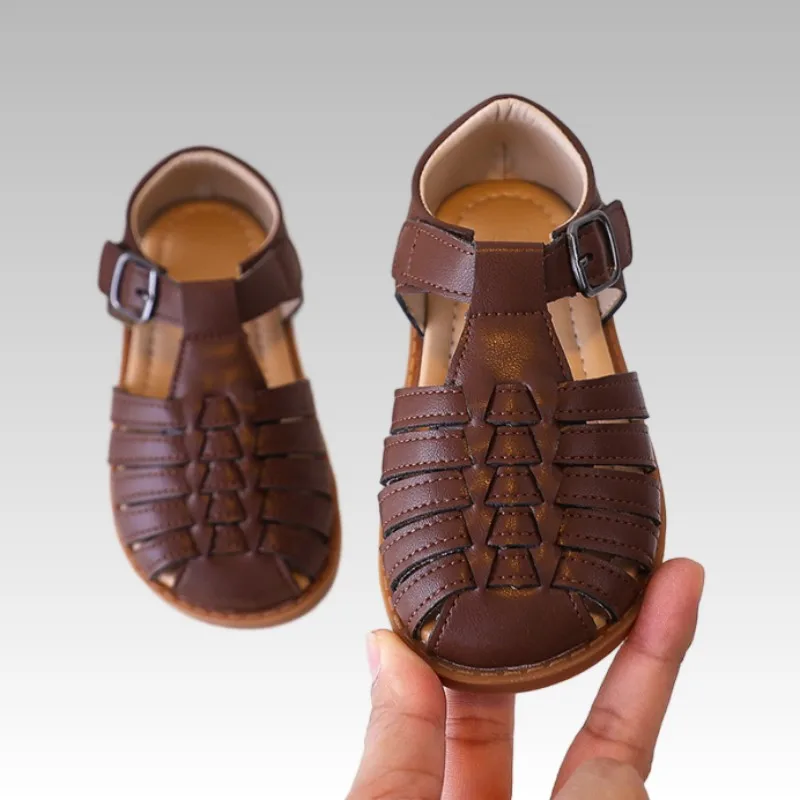 Silver Girls Leather Sandals Summer Breathable Genuine Leather Upper Comfortable Fashion Boys Beach Shoes Children's Footwear