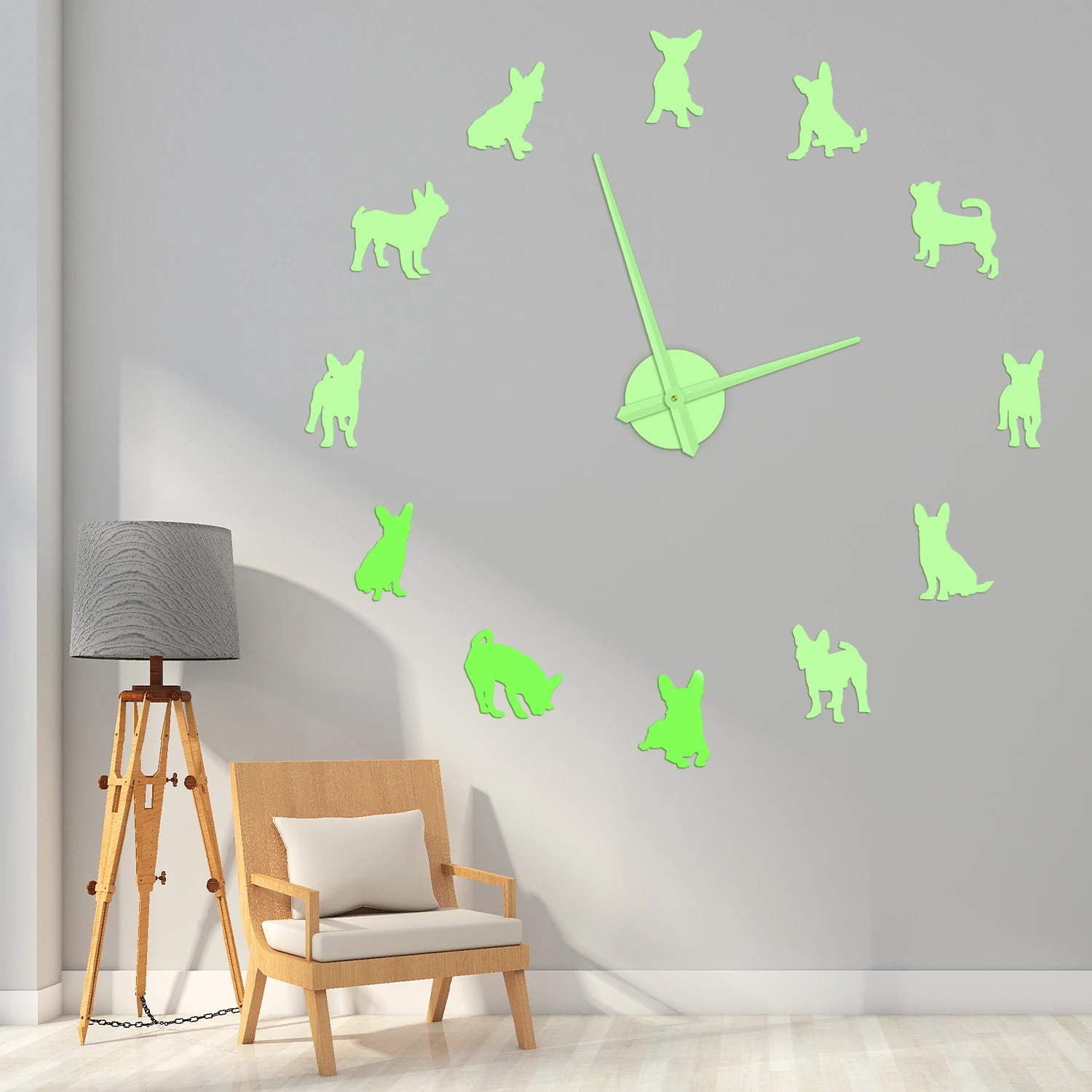 Chihuahua Dog Sihouettes DIY Wall Clock Glow in Dark Mexican Hairless Chi Dog Home Decor Self Adhesive Night Visible Wall Clock