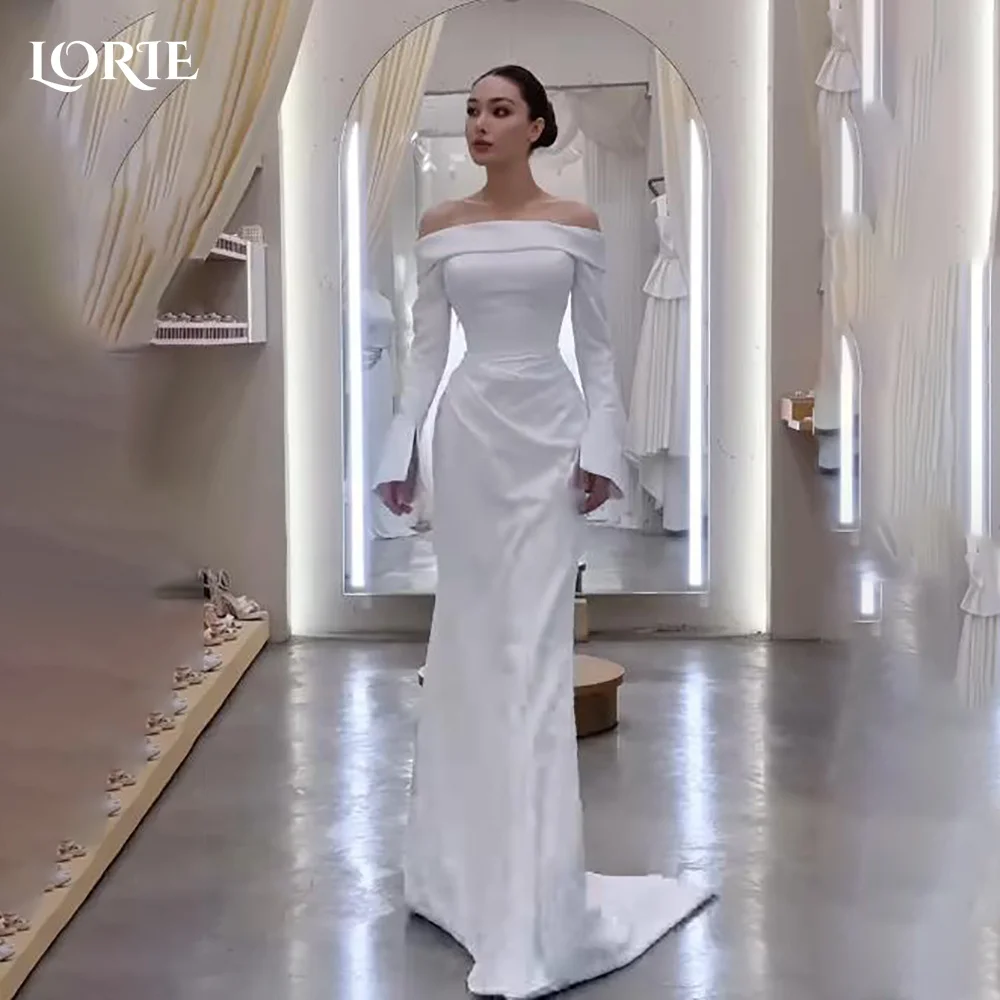 LORIE Satin Simple Wedding Dresses for Women Off Shoulder Long Sleeve Bridal Gown Mermaid Bride Dress Customized Formal Dresses