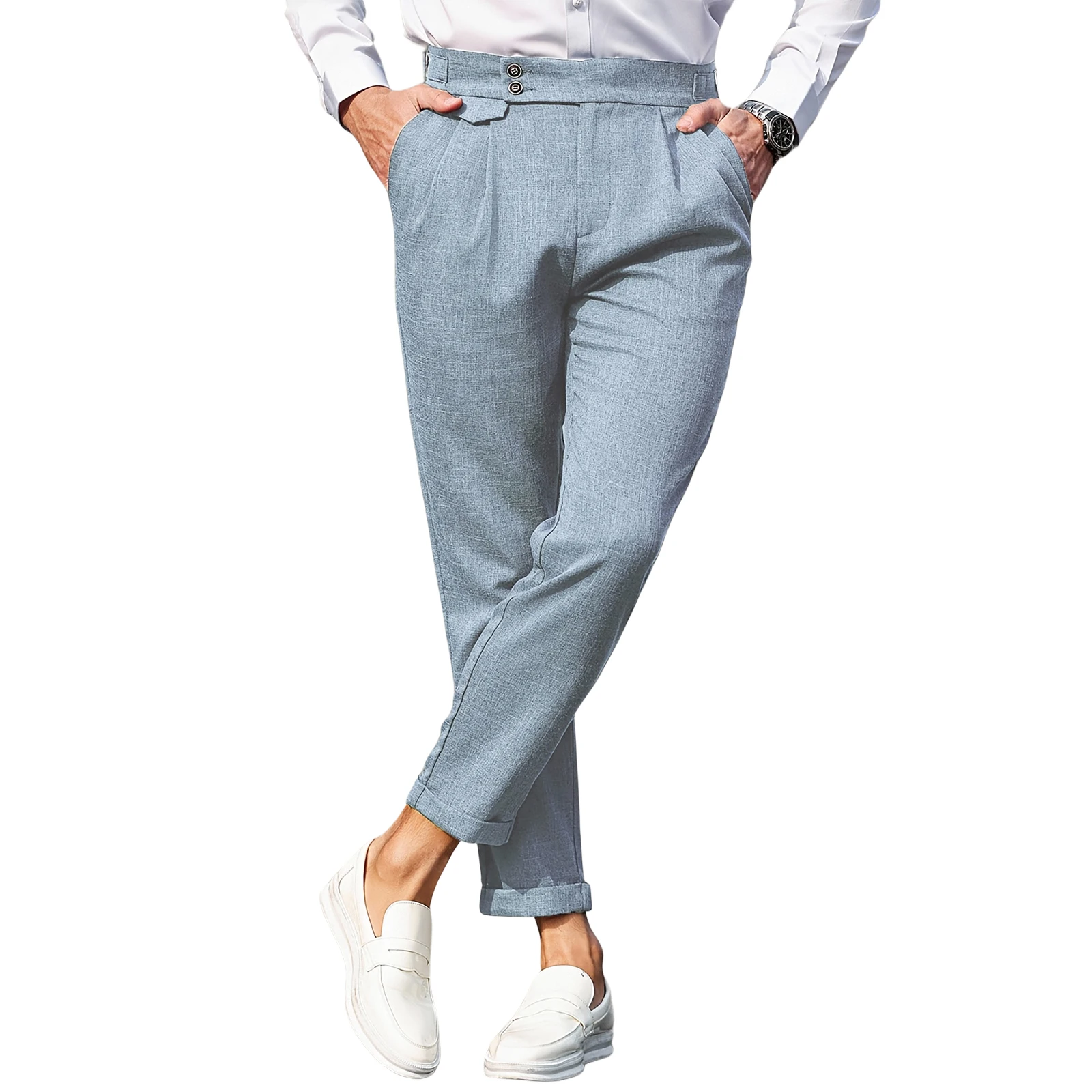 Men's Pleated Suit Trouser Adjustable Side Buckle Ankle‑Length Turn‑Up Hem Pant Formal Business Casual Cropped Dress Bottom