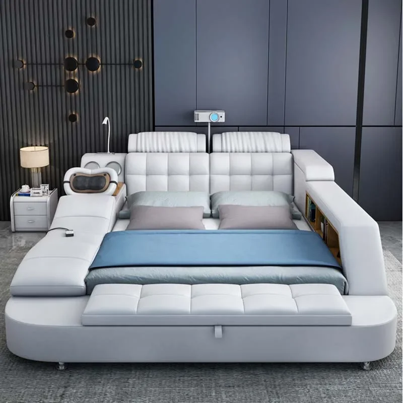 Luxury Adjustable Bed Leather Massager Bluetooth Comferter Modern Bed Storage Electric Lit Multifonctionnel Bedroom Furniture