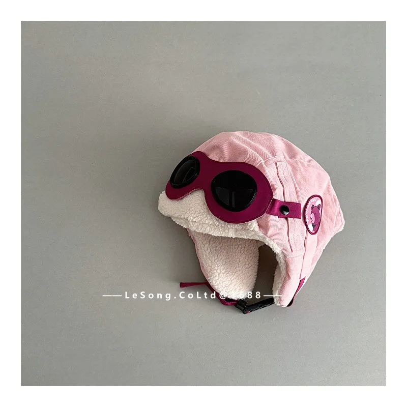 Gorro de invierno para niños con parche de oso, gorros de bombardero gruesos de lana para niños y niñas, gorro de esquí con protección para los oídos a prueba de viento H1544