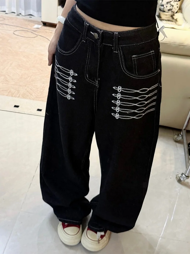 Large Size American Retro Cool Strap Decorative Black Denim Pants Women's Autumn New Design Slim Wide Leg Long Trousers