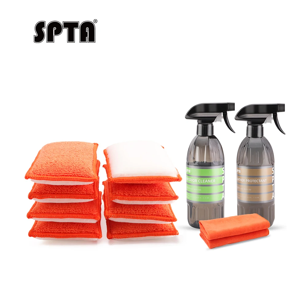 SPTA 12PCS Car Cleaning Kit,with 8Pcs Car Interior Scrubbing Sponge Pad ,2 Car Interior and Leather Cleaner, 2 Microfiber Towel