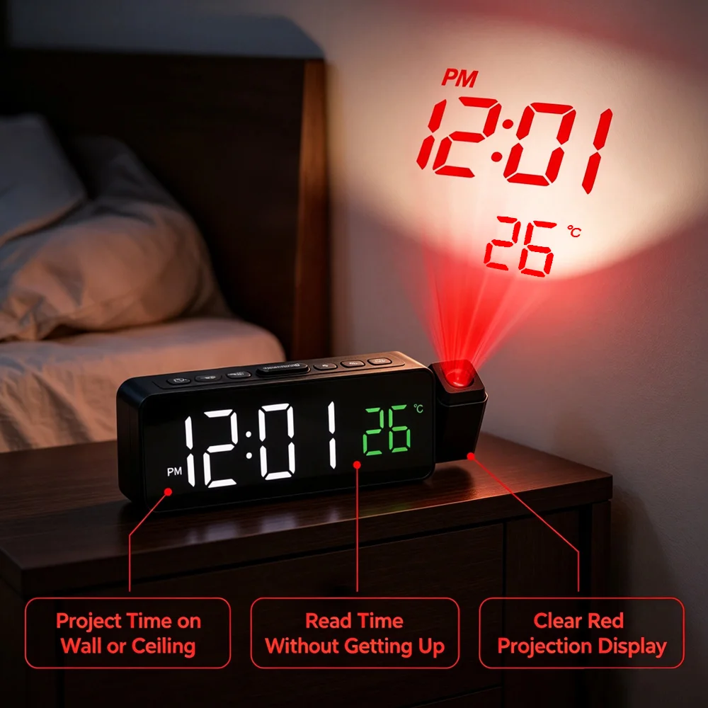 1pcMultifunctional projection alarm clock with LED digital screen, time setting, temperature adjustment, one alarm clock, snooze