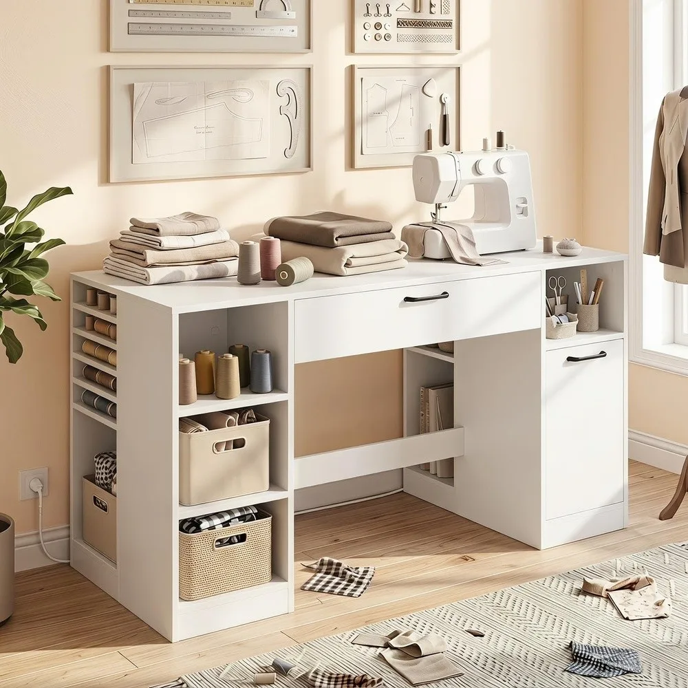 Sewing Machine Table with Power Outlets Massive Storage (White)