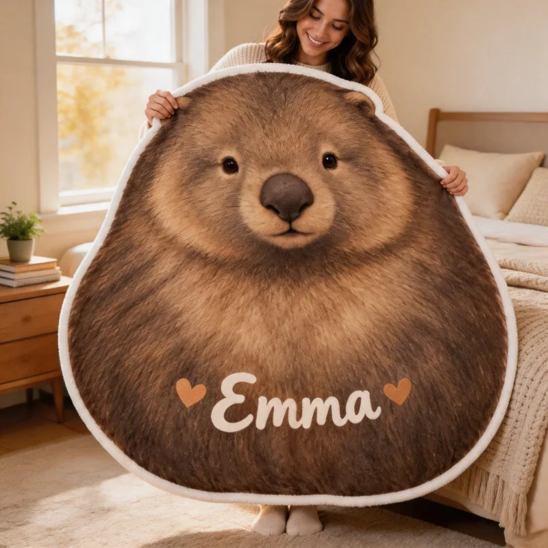 2D Flat Custom Shaped Throw Blanket Personalized Name Design Cute Soft Healing Wombat Theme Decorat Atmosphere Sofa Throw Covers