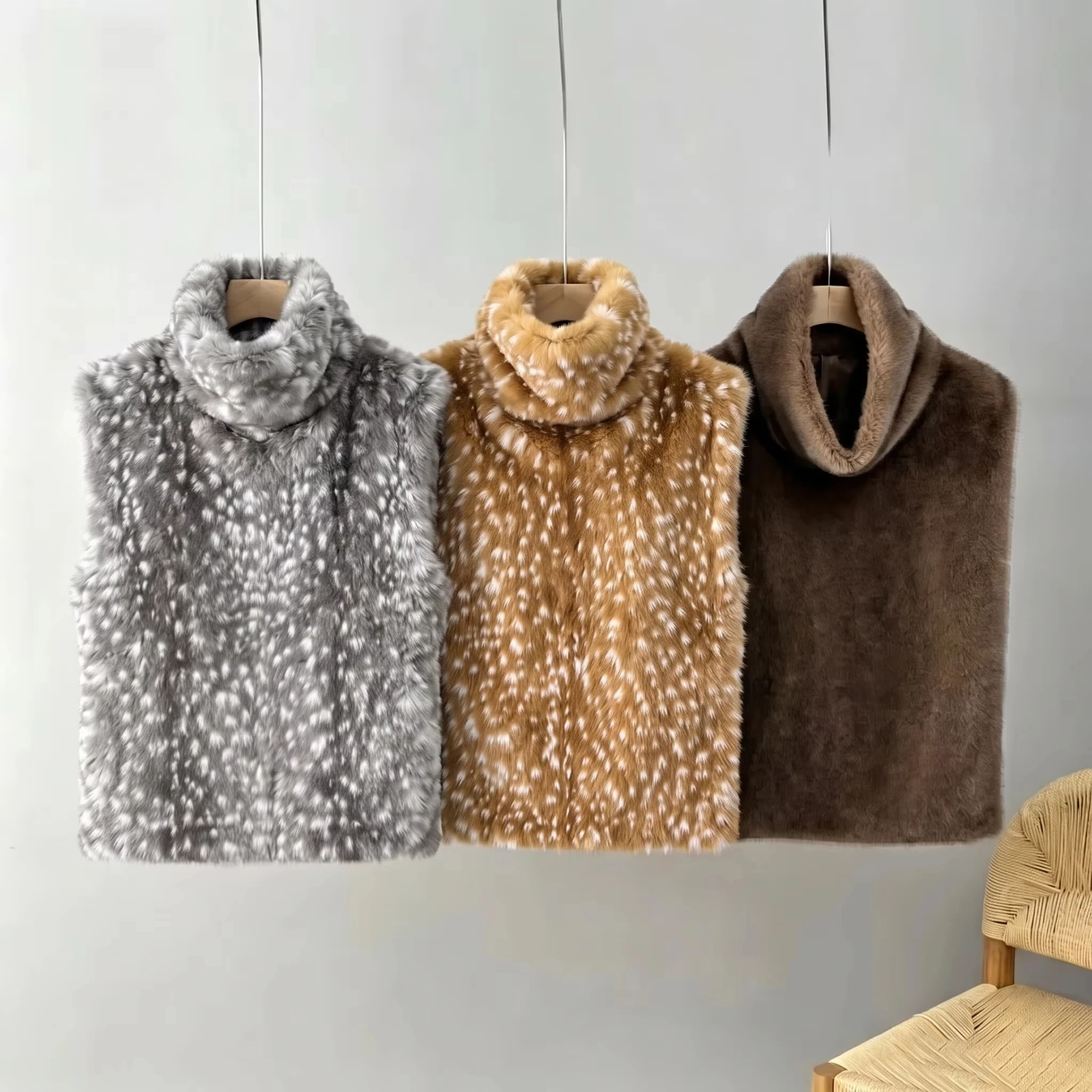 IG Ladies Sleeveless Faux Fur Gilet Turtleneck Spotted Print Casual Loose Fashion Plush Waistcoat
