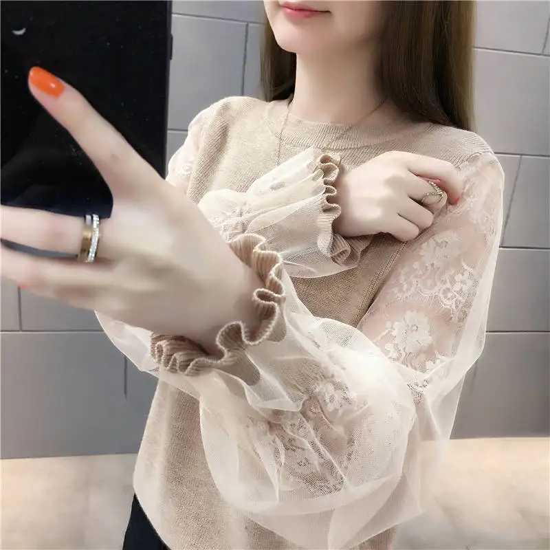 Woman Sweaters Mesh Lace Stitching Knitwear Short Sweater Women\'s Top Femme Chandails Pull Hiver