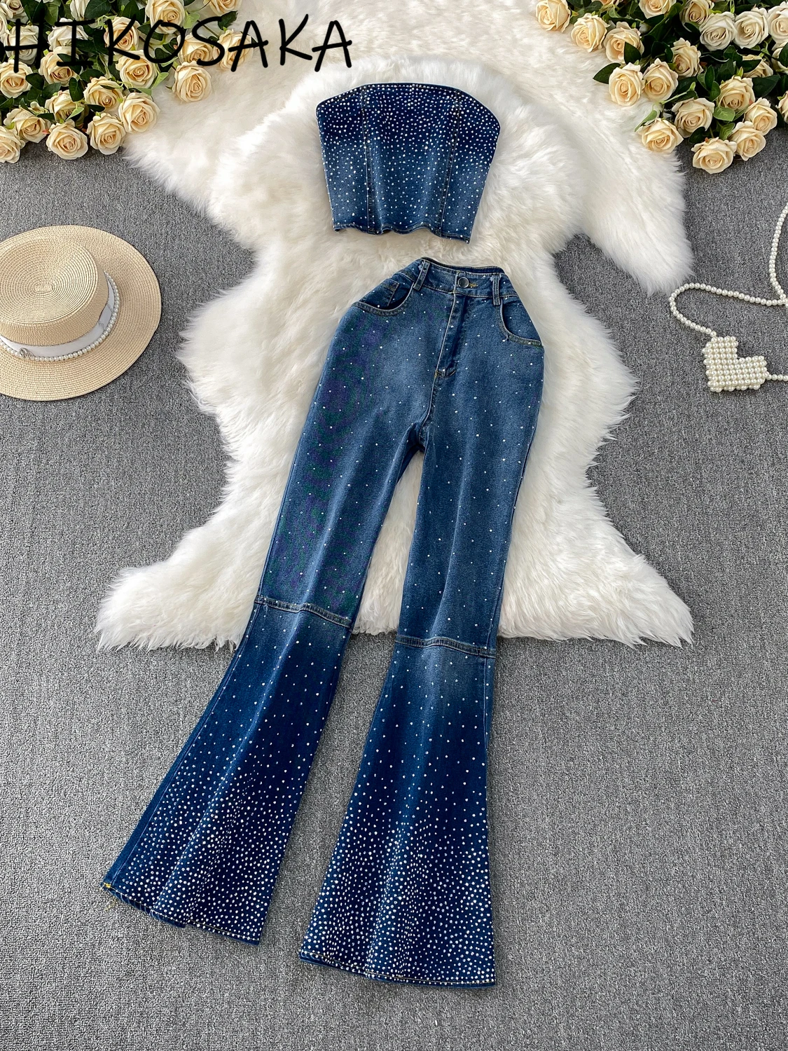 

2025 New Summer Fashion Sexy Demin Pant Sets Diamonds Beading Tube Top High Waist Skinny Flare Jeans Streetwear Casual Suits