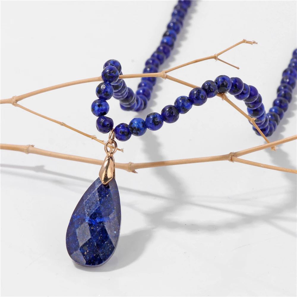 Big Water Drop Pendent Necklace Natural Lapis Lazuli Quartzs Stone Bead Necklace Blue Stone Charm Choker Jewelry Gift For Women