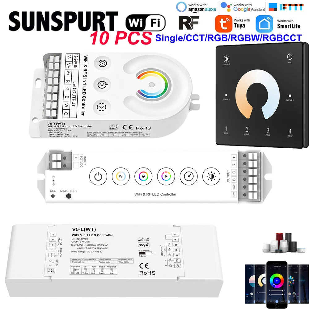 5 V5-L(WT) Tuya App 5CH*6A DC12-48V WiFi & RF 5 in 1 Led Controller T15/T15-1 AC100-240V 4Zones RGBW+CCT Strip Remote Controller