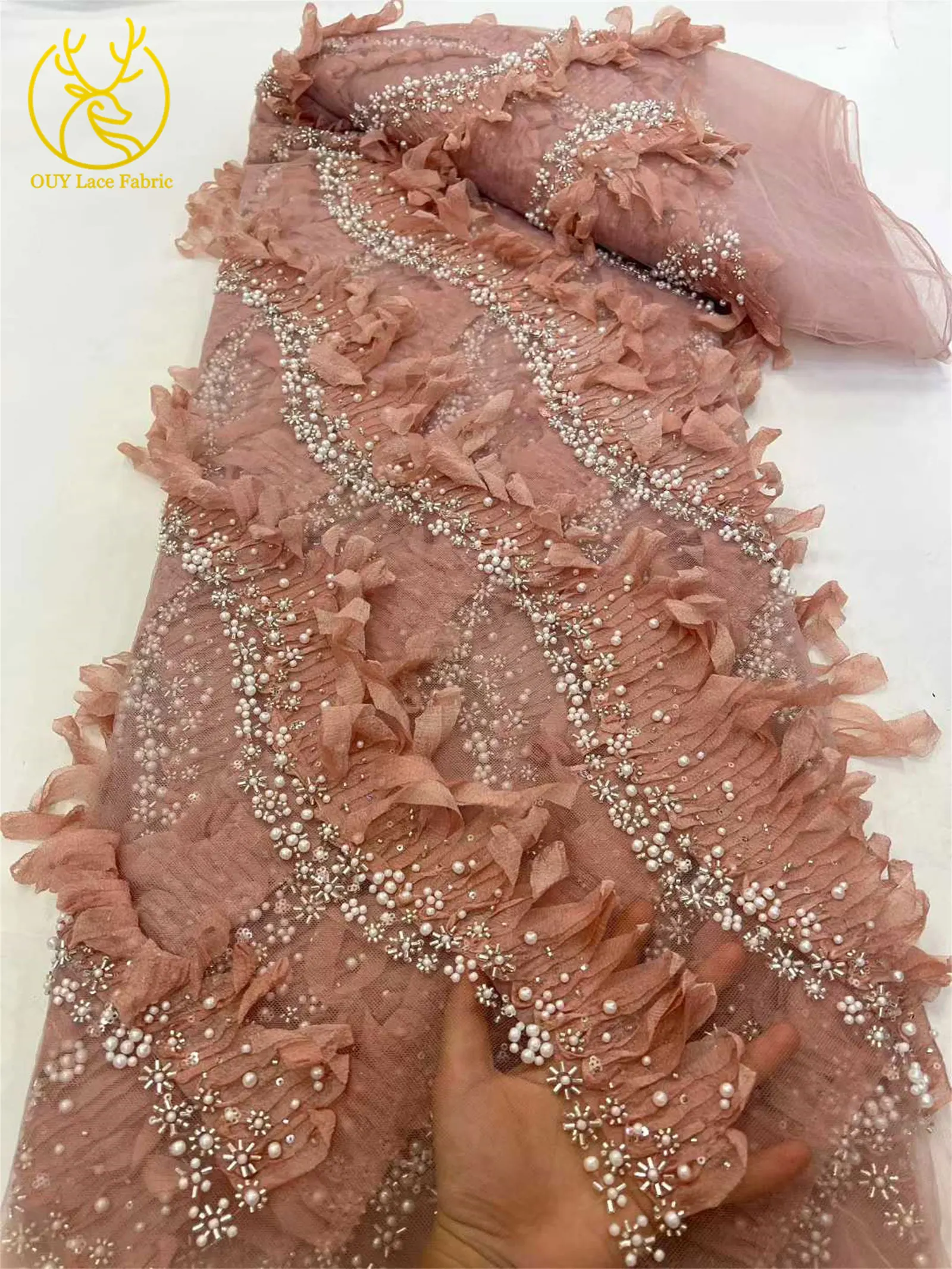3D Mode Afrikanischer Tüll-Spitzenstoff 2026 Hochwertige Französische Pailletten-Perlen-Spitze für Brautkleider und Hochzeitskleider Nähmaterial – Detail 9