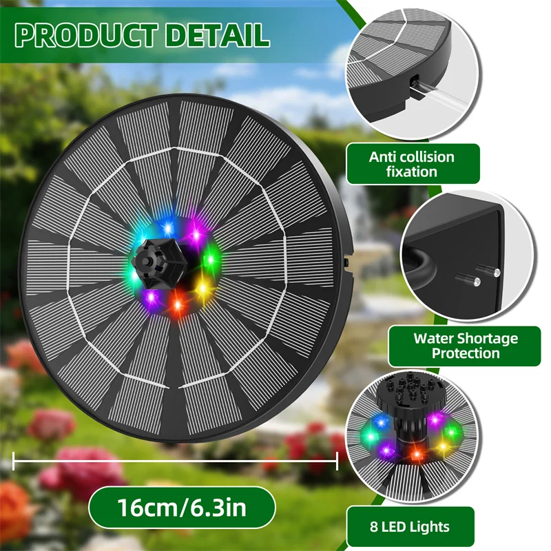 

F5 Outdoor Solar Fountain Pump With LED Light Solar Bird Bath Fountain Built-in 3000mhA Battery with 8 Nozzles for Garden Pond