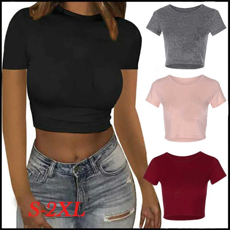 

New Fashion Women's Casual Round Neck Bottoming Fitness Sexy High Elasticity Crop T-shirt Tops