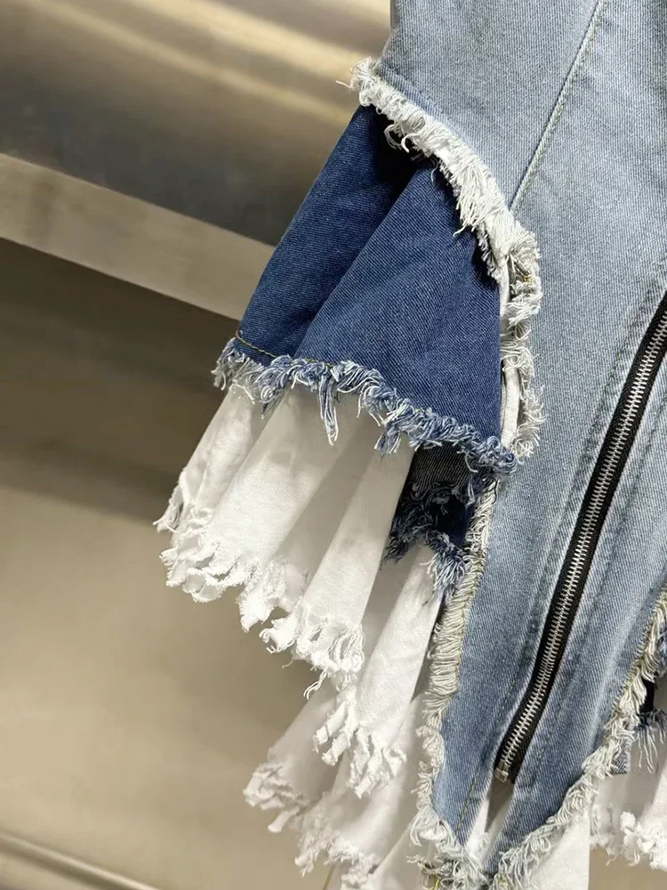 VGH Hit Color seksowny patchworkowy zamek błyskawiczny z przodu kamizelki dżinsowe dla kobiet kwadratowy kołnierzyk bez rękawów łączonych falbanki Streetwear kamizelka kobieta