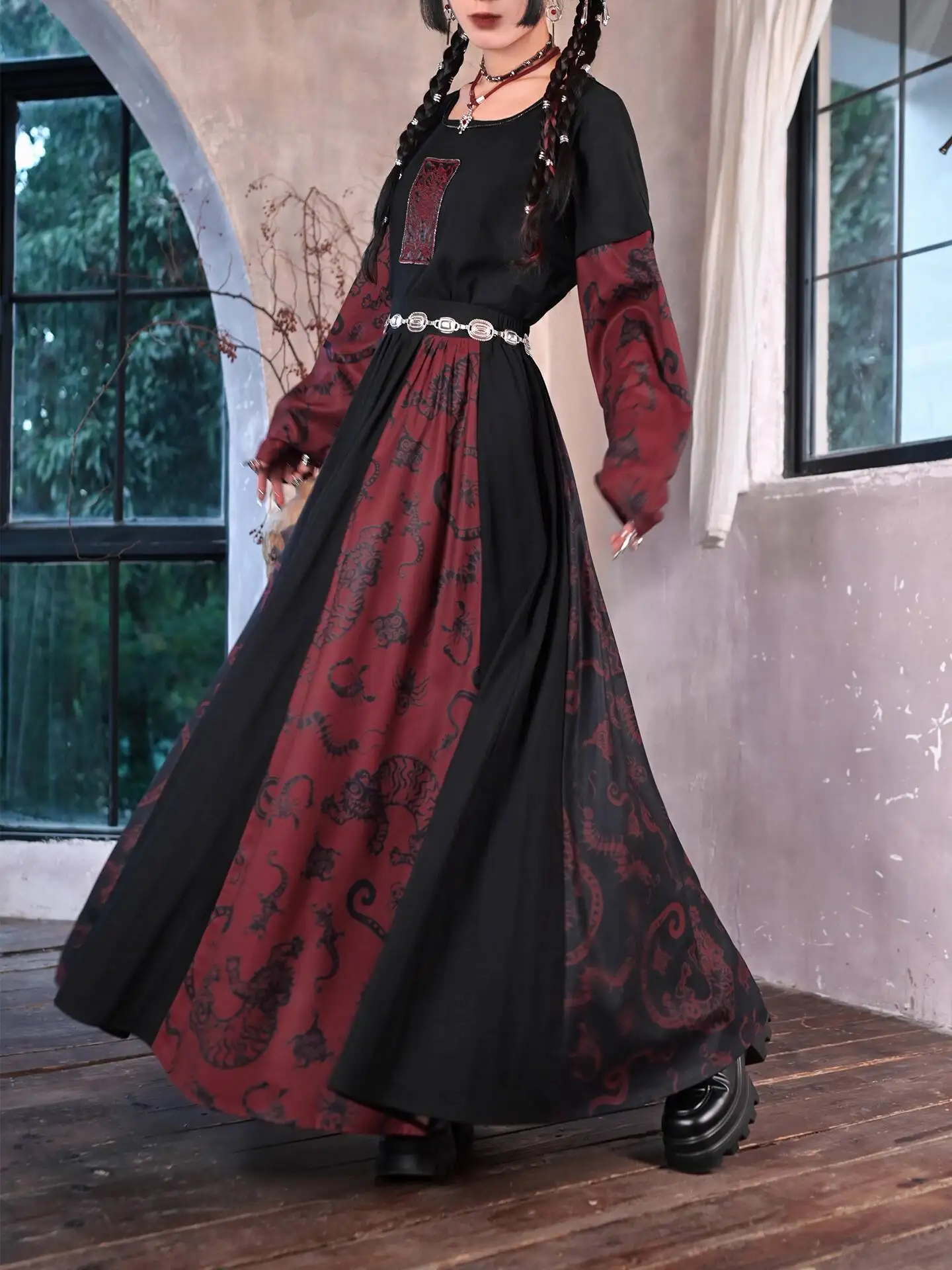 New Improve Guofeng Long Skirt Guofeng Printing Daily Skirt Fiesta Carnival Halloween Cos Cosplay Red