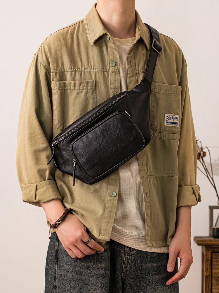 

PNDME outdoor sports handmade first layer cowhide men's black chest bag casual luxury genuine leather motorcycle crossbody bag