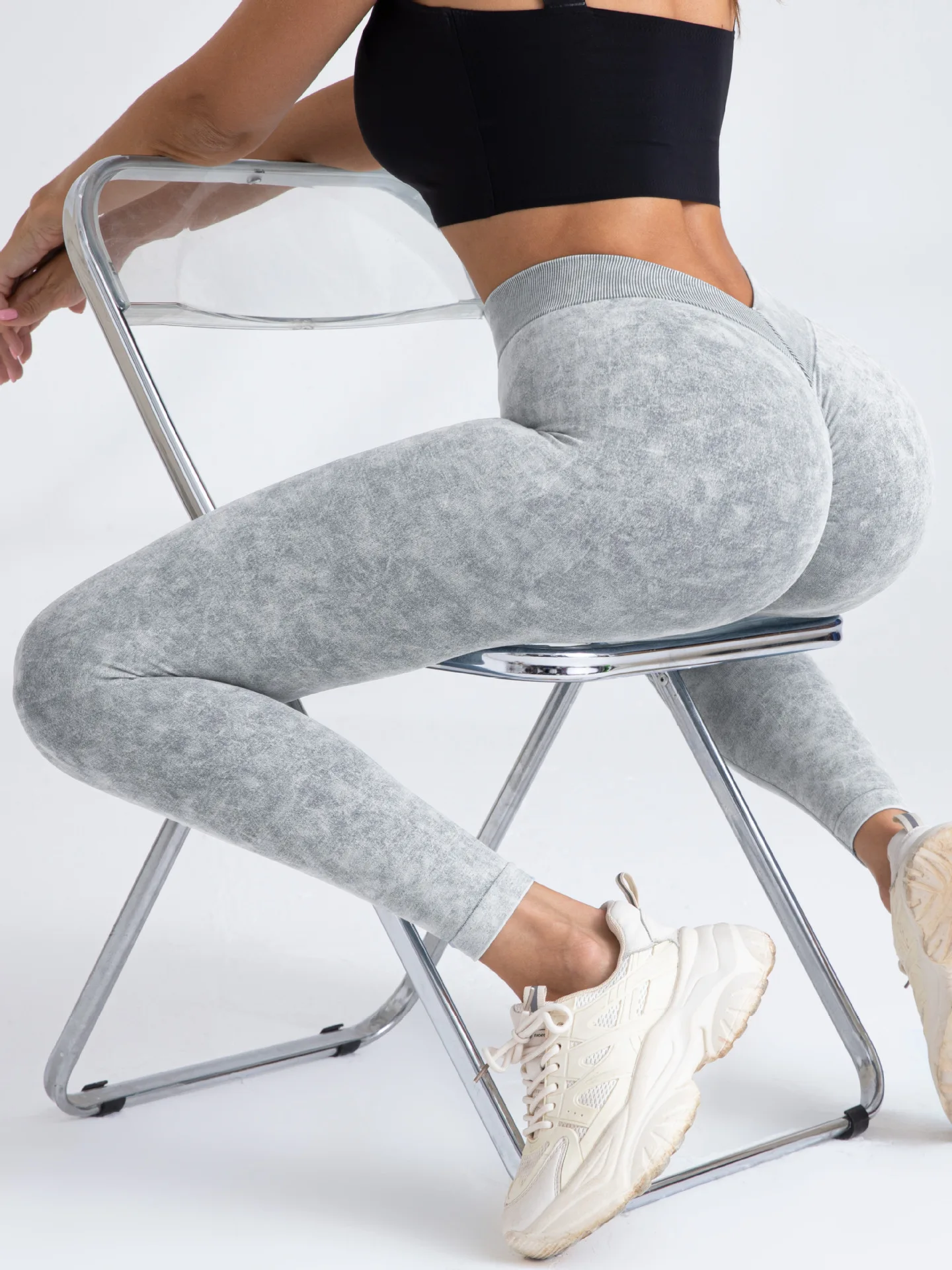 Fashion Women Sports Seamless Tummy Control High Elastic V-back Washed Frosted Tight Pants Workout Fitness Leggings