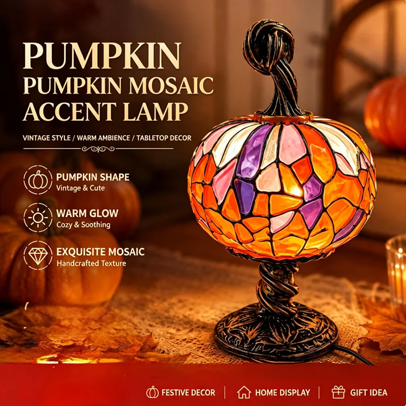 Halloween Vintage Pumpkin Table Lamp Resin Stained Glass Splicing Desk Lamp Warm Light Ornament Home Party Holiday Decoration