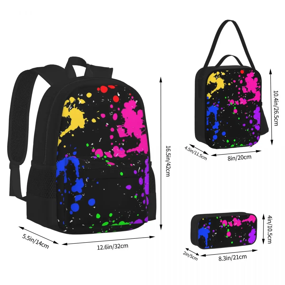 Colorful Graffiti Splatter Print Backpacks Boys Girls Bookbag School Bags Rucksack Lunch Bag Pen Bag Three-Piece Set