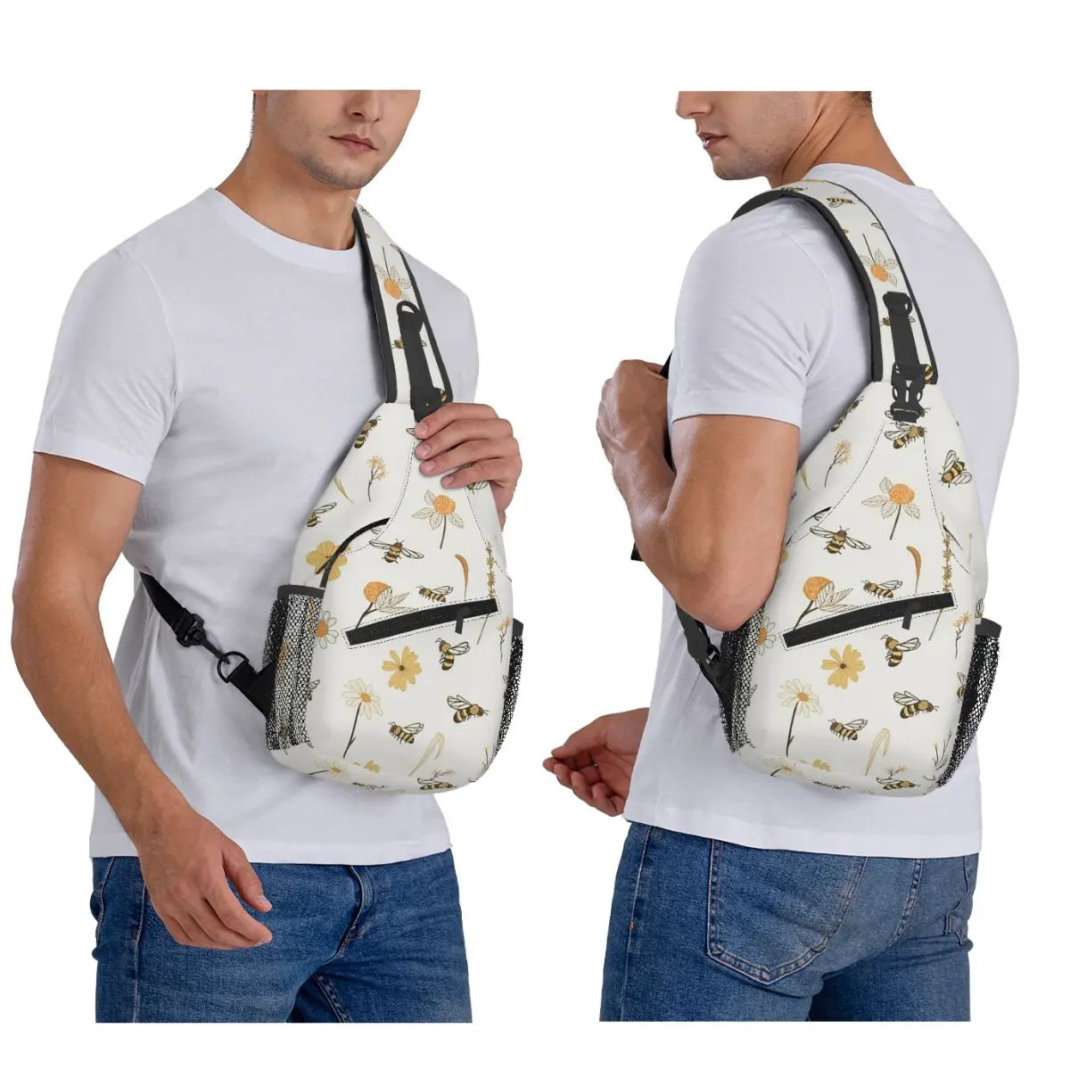 Bee And Flowers Chest Bag Men Sling Crossbody Backpack Chest Bag Travel Hiking Daypack Shoulder Bag
