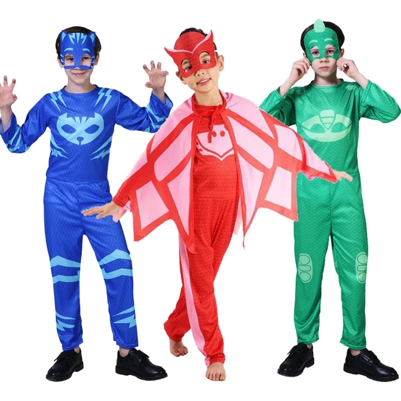 Monos de héroe nocturno, disfraz de Cosplay con máscara, fiesta de cumpleaños, pijamas rojos, verdes y azules para niños, traje de Carnaval de Halloween para niño y niña