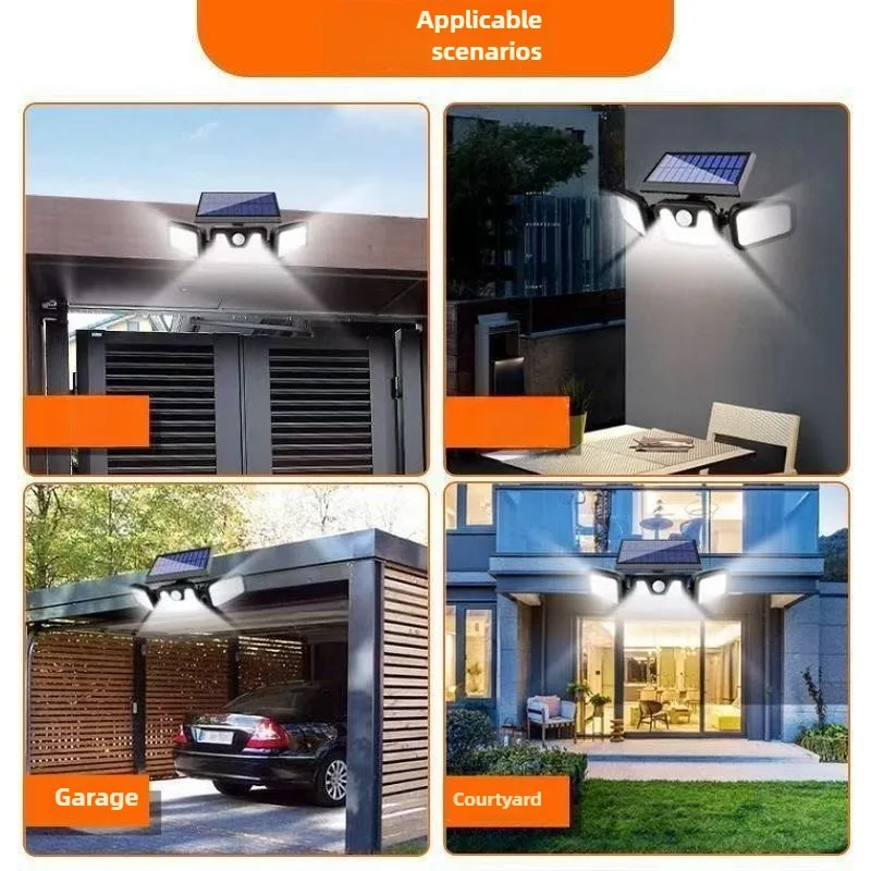 Nouvelle lampe de jardin extérieure solaire, applique murale inductive à trois volets à 74 LED, lumière d'arbre de jardin étanche extérieure