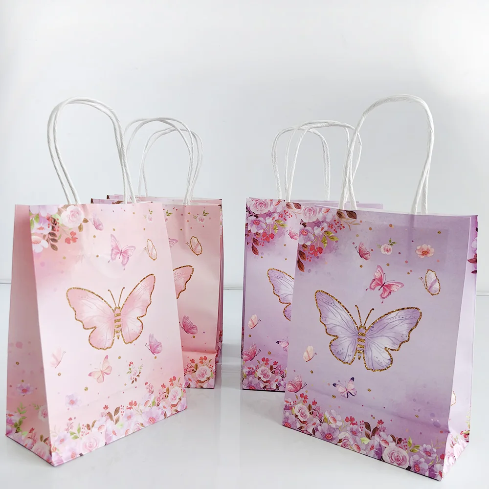 5/10/15/20pcs Pink And Purple Gift Bag Flower Butterfly Candy Bags Engagement Mother's day Girl Birthday Baby Shower Party Decor