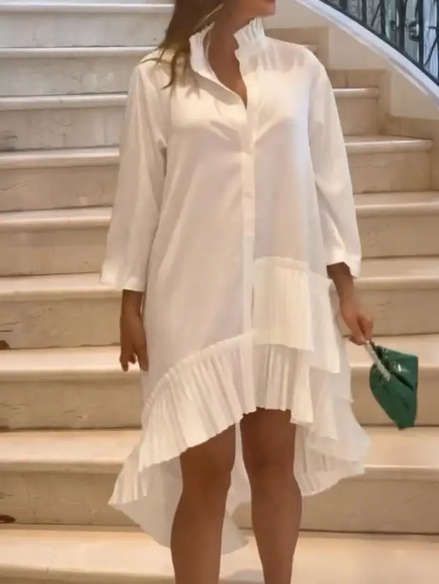 Vestidos de mujer plisado cuello alto botón abajo asimétrico plisado dobladillo con volantes vestido de vacaciones Casual dobladillo alto-bajo vestido suelto