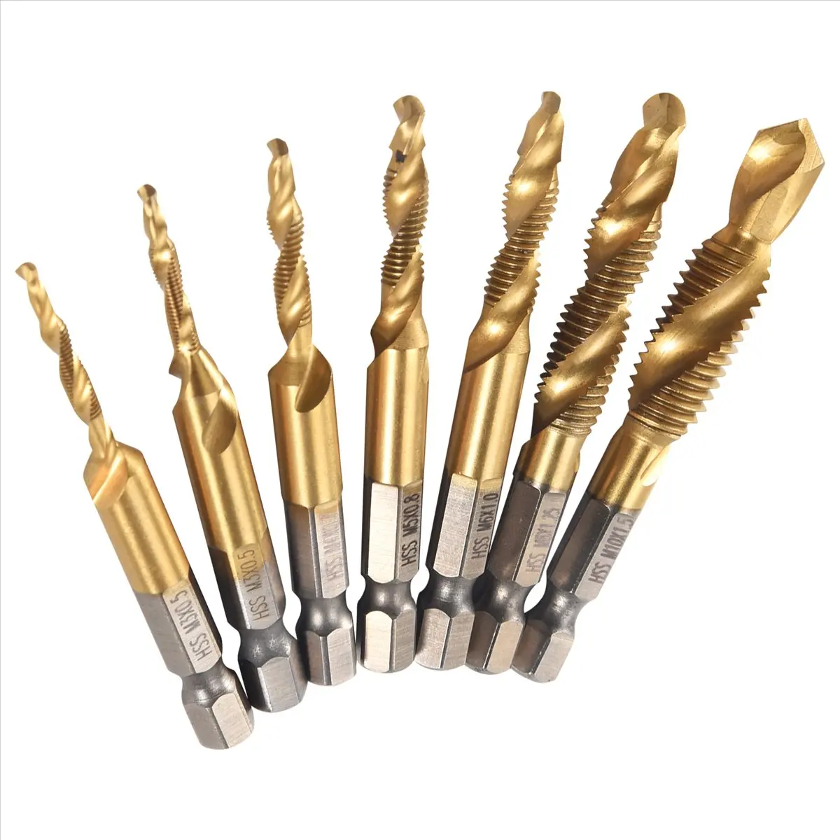 A58Z 7Pcs 1/4Inch Hex Shank Titanium Combination Drill and Tap Set Metric Thread HSS M3-M10 Screw Tapping Bit Tool