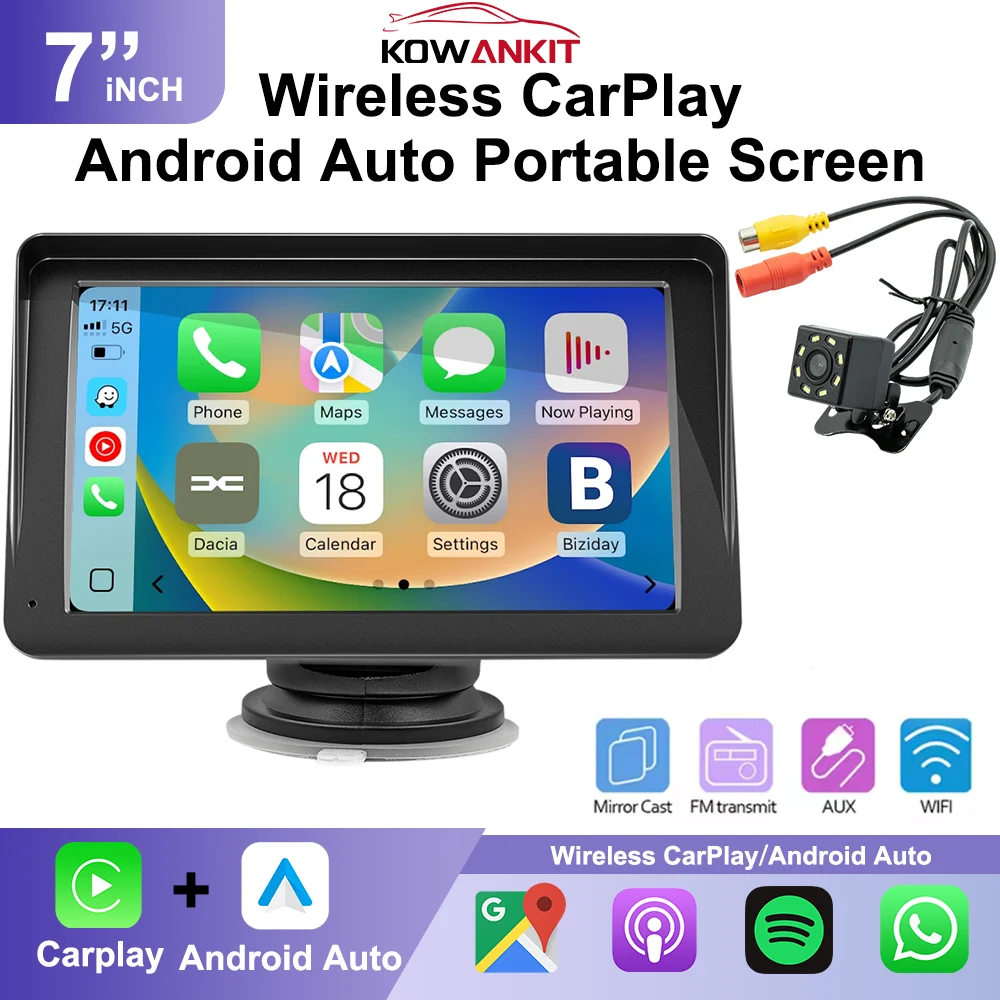 Kowankit Universal 7inch Car Radio Wireless Carplay Smart Touch Screen Wireless Android Auto Portable Multimedia Video Player