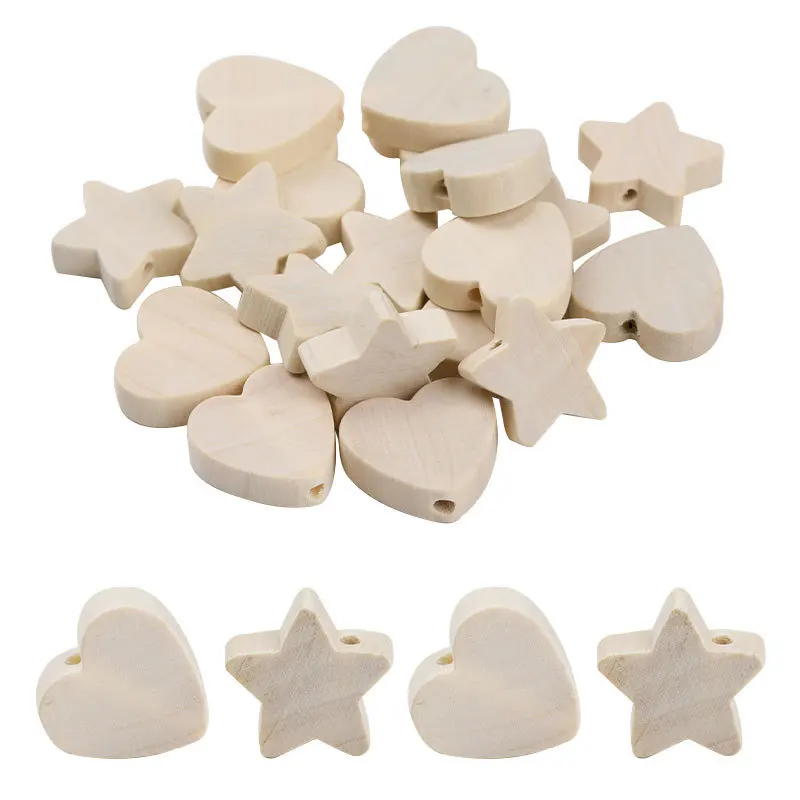 50pcs Natural Wooden Heart Star Wooden Spacer Beads For Jewelry making DIY kids 20mm