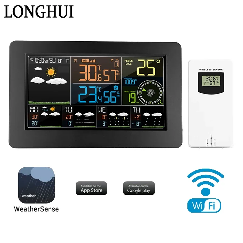 

W4 Wifi Weather Station Smart LCD Digital Alarm Wall Clock Indoor Outdoor Temperature Humidity Pressure Wind Weather Forecast