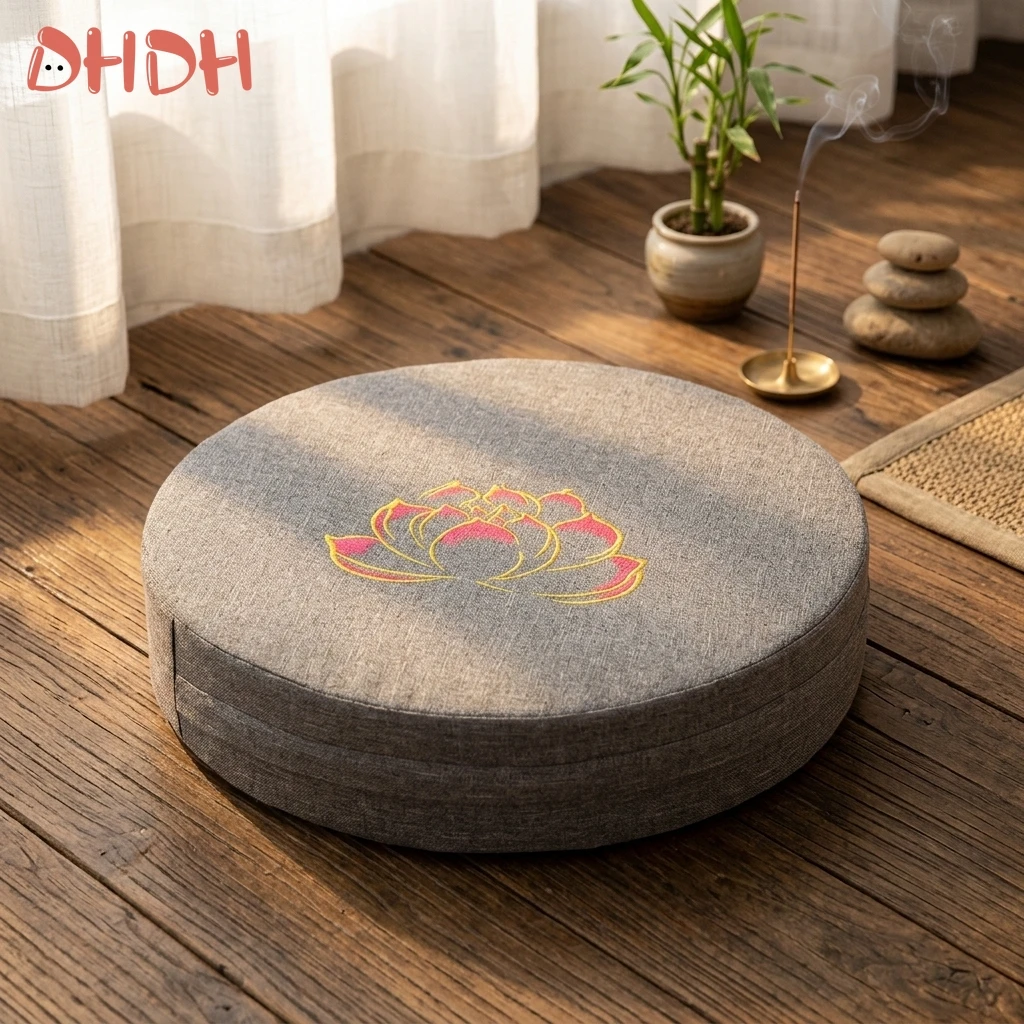 Premium Round Yoga Floor Pillow with Lotus Embroidery High Quality Durable Linen Color Gray Advanced Meditation Zafu Tatami Seat