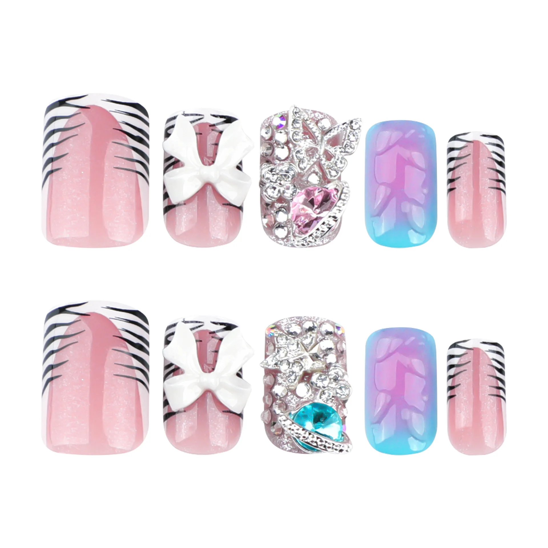 24pcs Y2k Sweet Cool Press On Nails Franse stijl Zebraprint Ontwerpen Kunstnagels Glanzende Strass Strikjes Decor Blush Fake Nail