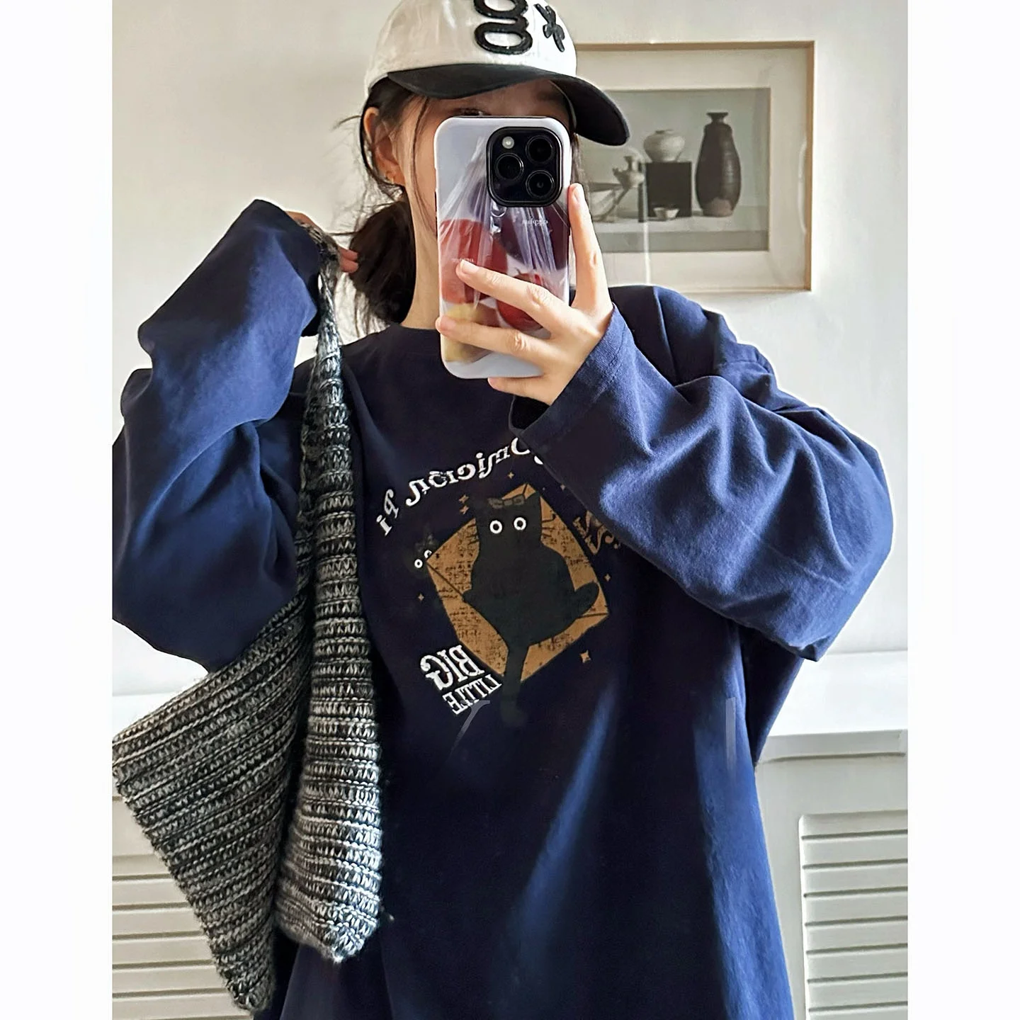 

Loose Long Sve Cotton T-irt ey Print Base Layer Workwear ex Korean Cartoon Sle Slimming Boting Top