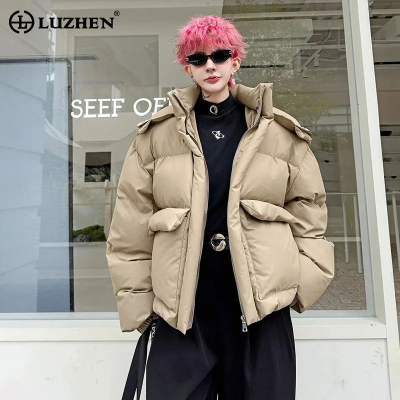 

LUZHEN 2025 зимнее новое однотонное стеганое пальто с большими карманами и капюшоном, мужская модная утолщенная теплая красивая уличная куртка-парка JY5308