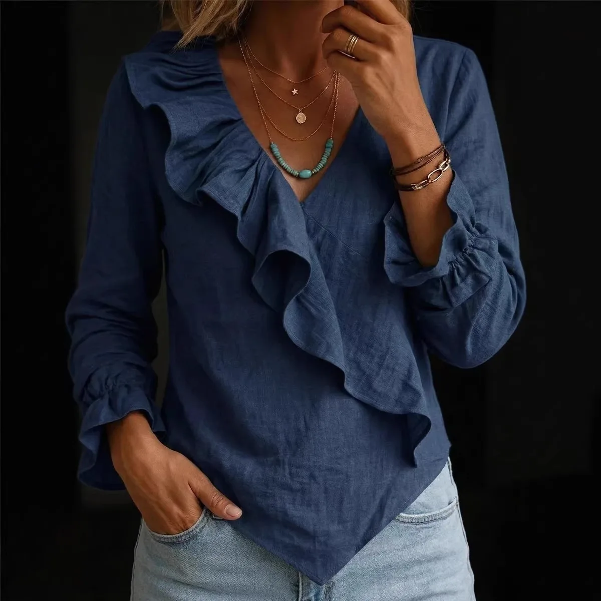2026 New Women's Long Sleeve Solid Color V Neck Ruffle Trim Irregular Hem Blouse Elegant Commuter Versatile Daily Casual Shirt view 2