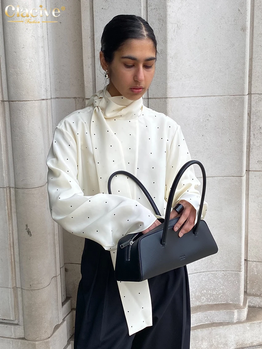 Clacive Fashion Loose Print Women Shirt 2025 Casual Stand Collar Long Sleeve Shirts Elegant Classic Lace-Up Top Female Clothing