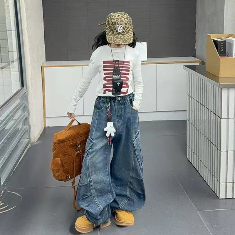Teenage Girls Wide Leg Cargo Jeans Kids Casual Denim Pants 5-15Y School Young Children Straight Baggy Trousers Autumn Fashion