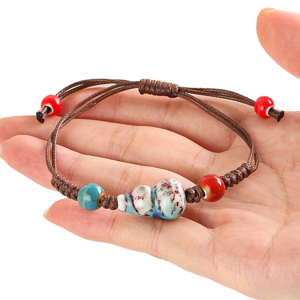 Ceramics Gourd Charm Bracelets Lucky Amulets Change of Fortune Rope Chain Hand-woven Cord Adjustable Opening Clasp Party Gift