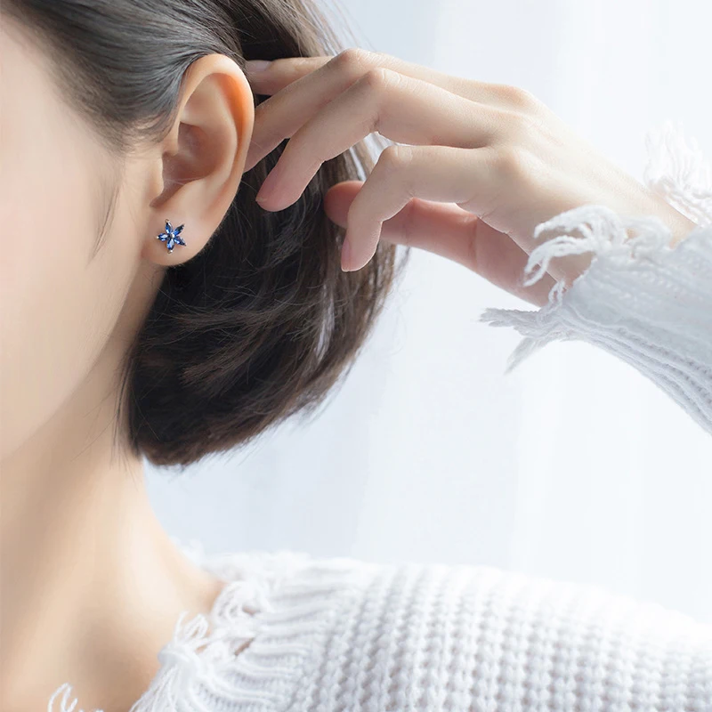 Modian Exquisite Luxury Blue Flower Plant Square Zircon Jewelry For Women Real 925 Sterling Silver Fashion Female Stud Earrings