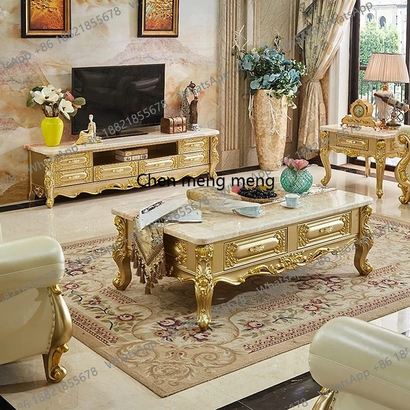 

European marble coffee table oak living room solid wood floor cabinet furniture