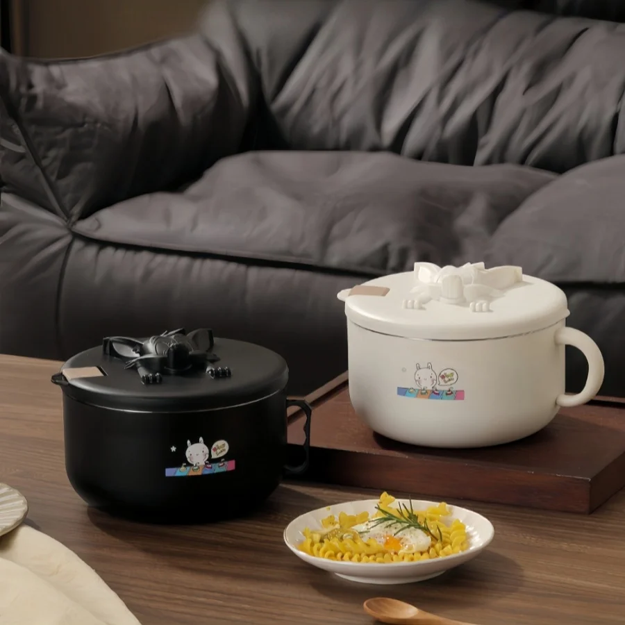 Cuenco grueso de fideos instantáneos de acero inoxidable con tapa, artefacto de fideos instantáneos para dormitorio de estudiantes de gran capacidad