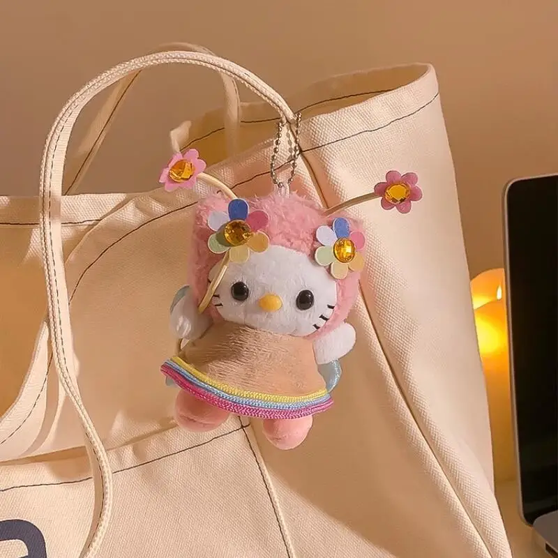Gele bloem demon Hello Kitty pluche pop NIEUW Sanrio pluche diy hanger sleutelhanger rugzak decoratie lief meisje verjaardagscadeau