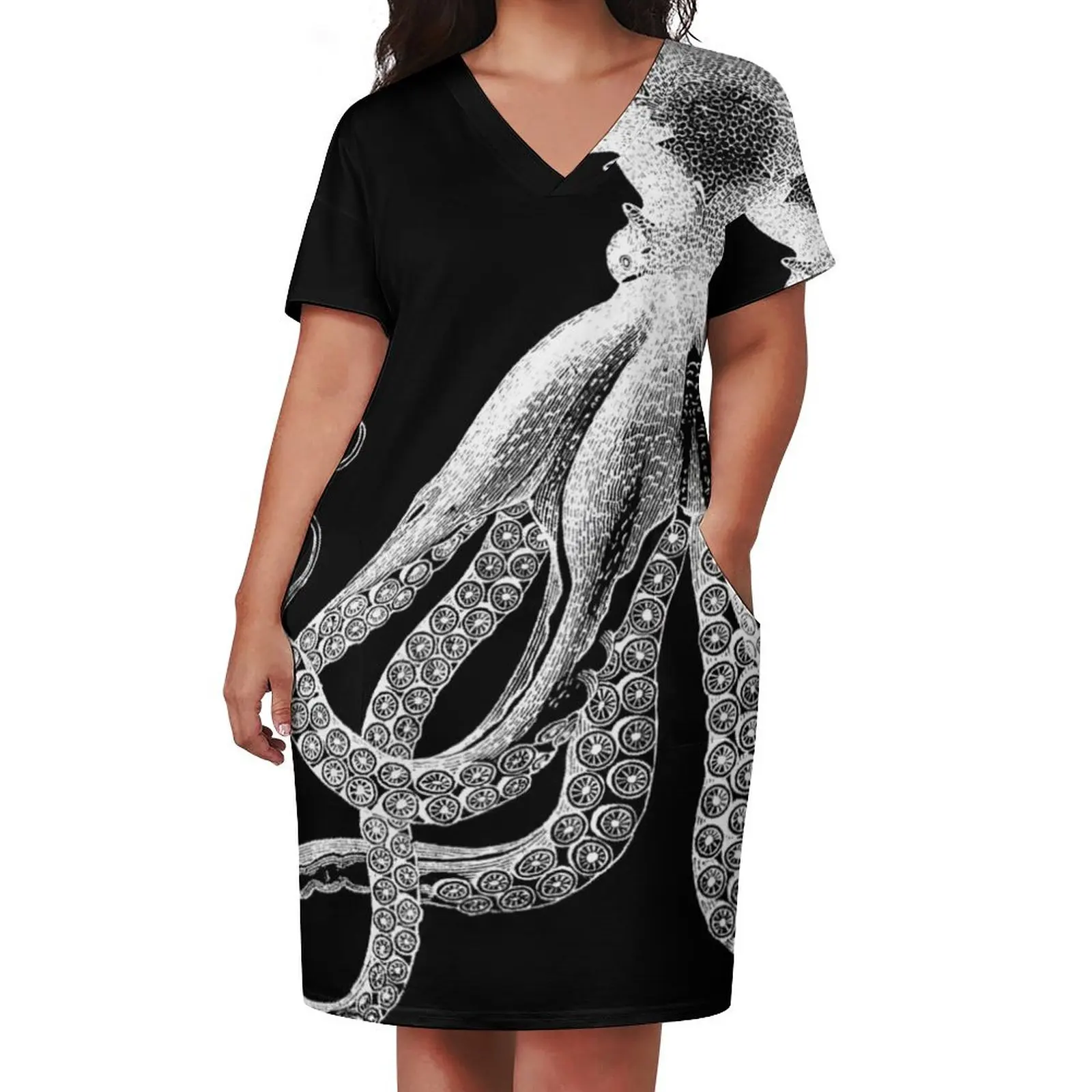 Octopus Vintage Octopus Tentacles Sea Creatures Nautical Ocean Sea Beach Black and White Loose Pocket Dress luxury dresses