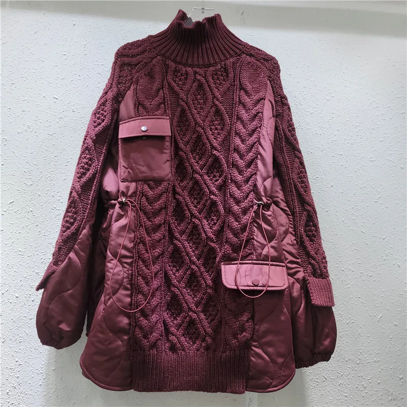 Women Turtleneck Twist Knit Spliced Sweater Autumn Winter Thickened Loose Cotton Padded Patchwork Pullover Knitwear Jumpers Tops