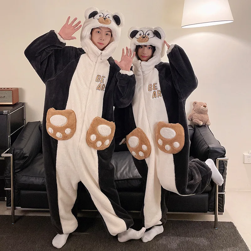 

Зимние парные пижамы из кораллового флиса для женщин, утепленный милый комбинезон с капюшоном и рисунком из мультфильма, забавный комплект домашней одежды, мужской комбинезон